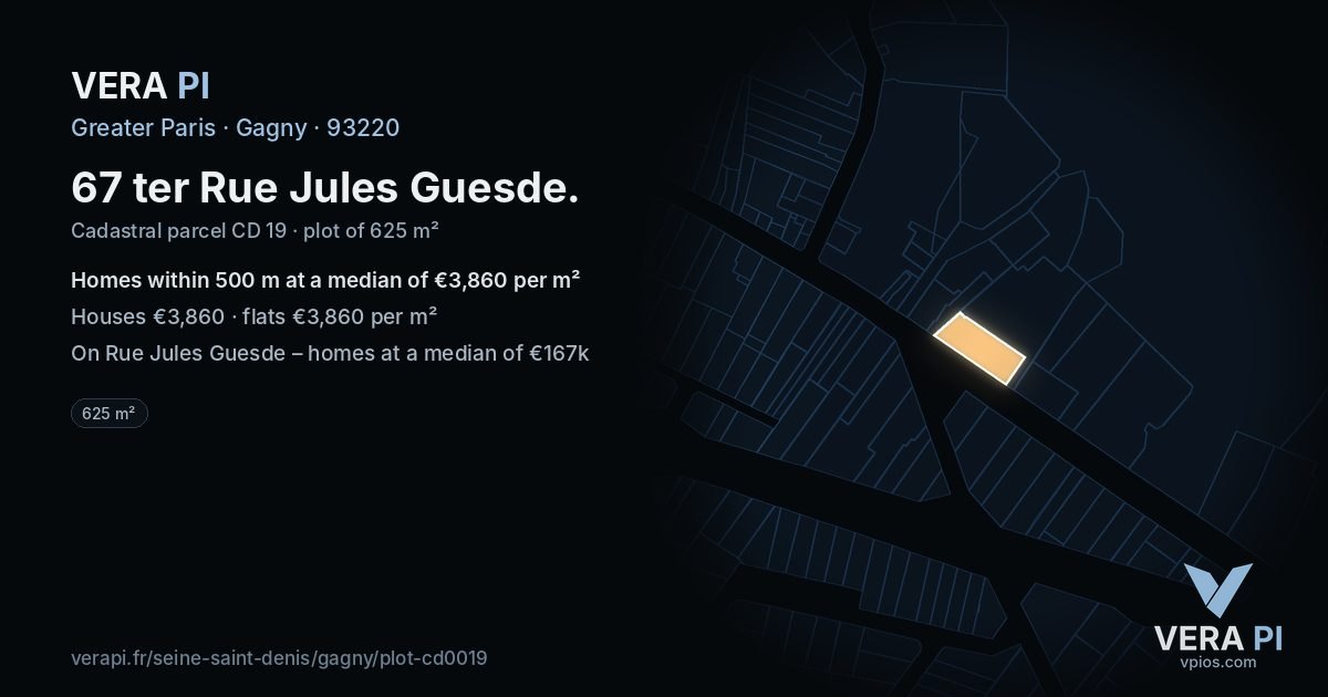 67 ter Rue Jules Guesde, Gagny at night – the plot lit, the parcels around coloured by the prices near them