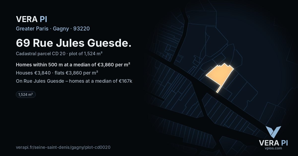 69 Rue Jules Guesde, Gagny at night – the plot lit, the parcels around coloured by the prices near them