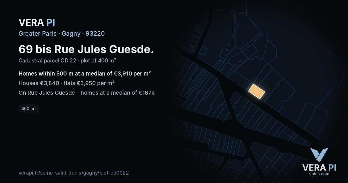 69 bis Rue Jules Guesde, Gagny at night – the plot lit, the parcels around coloured by the prices near them