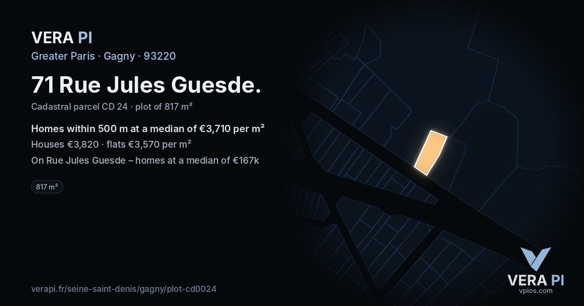 71 Rue Jules Guesde, Gagny at night – the plot lit, the parcels around coloured by the prices near them