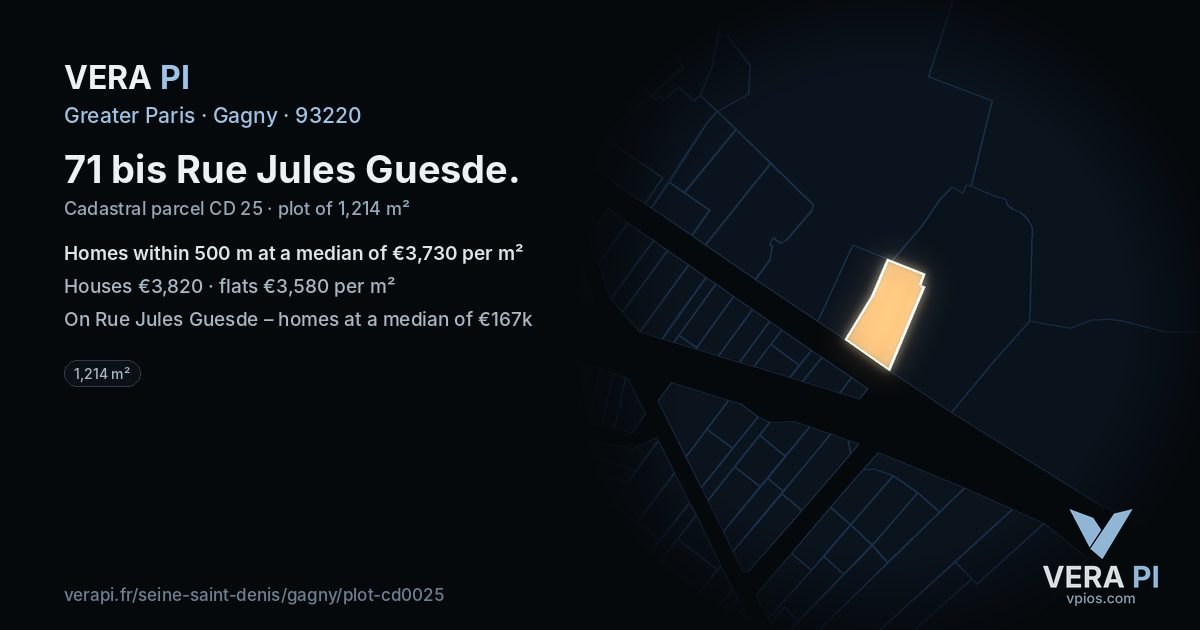 71 bis Rue Jules Guesde, Gagny at night – the plot lit, the parcels around coloured by the prices near them