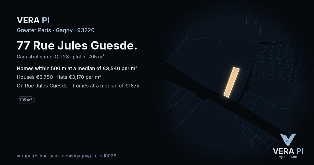 77 Rue Jules Guesde, Gagny at night – the plot lit, the parcels around coloured by the prices near them