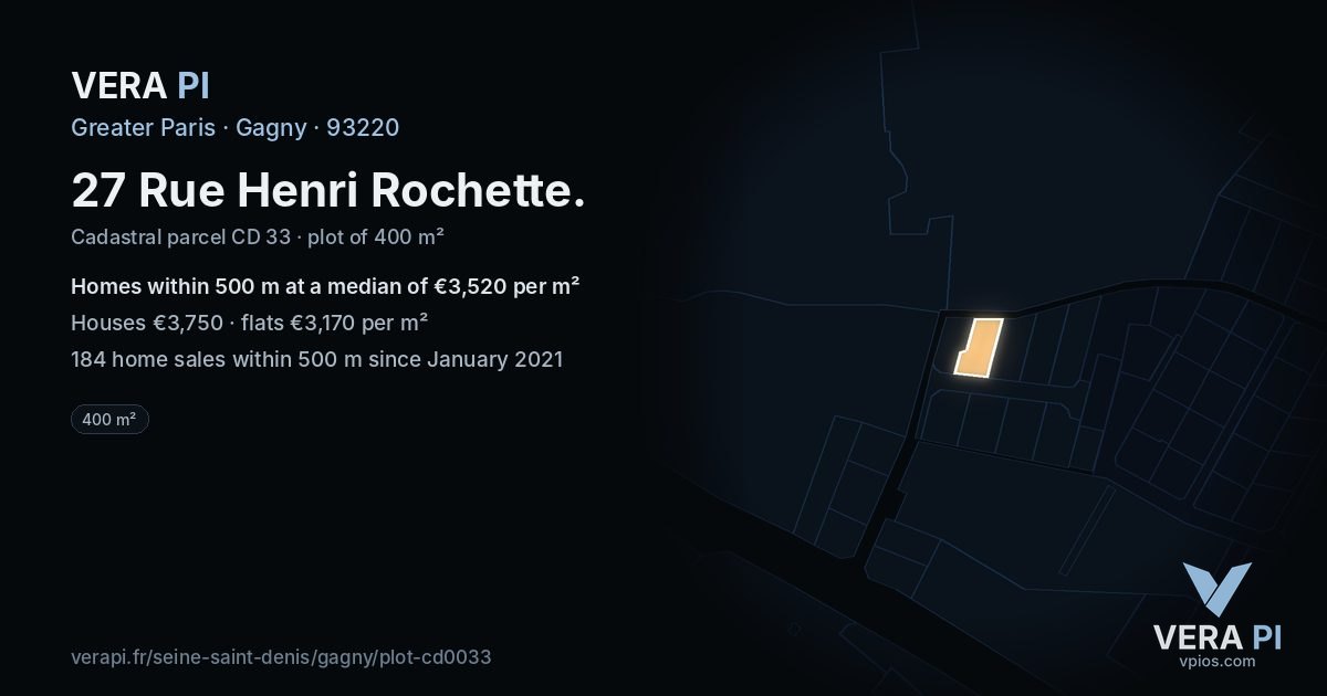 27 Rue Henri Rochette, Gagny at night – the plot lit, the parcels around coloured by the prices near them