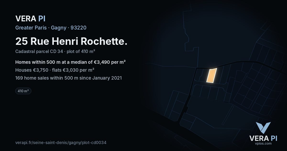 25 Rue Henri Rochette, Gagny at night – the plot lit, the parcels around coloured by the prices near them