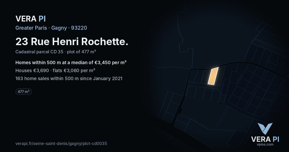 23 Rue Henri Rochette, Gagny at night – the plot lit, the parcels around coloured by the prices near them