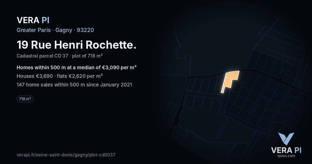 19 Rue Henri Rochette, Gagny at night – the plot lit, the parcels around coloured by the prices near them
