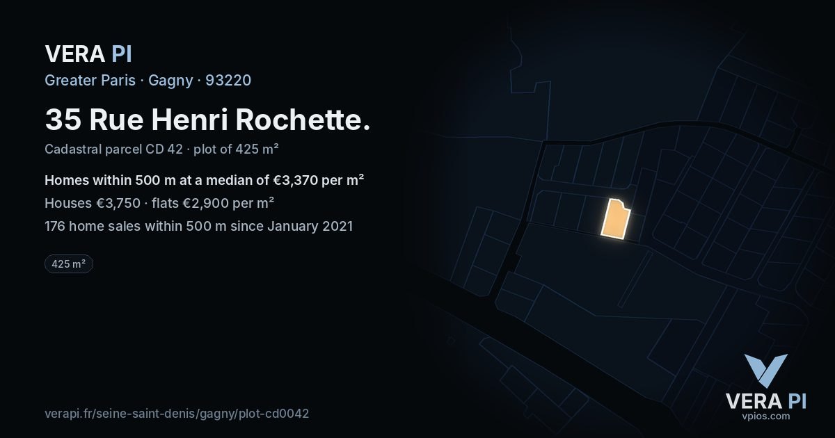 35 Rue Henri Rochette, Gagny at night – the plot lit, the parcels around coloured by the prices near them