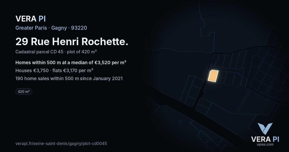 29 Rue Henri Rochette, Gagny at night – the plot lit, the parcels around coloured by the prices near them