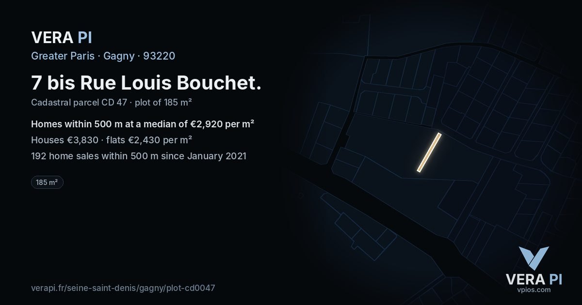 7 bis Rue Louis Bouchet, Gagny at night – the plot lit, the parcels around coloured by the prices near them