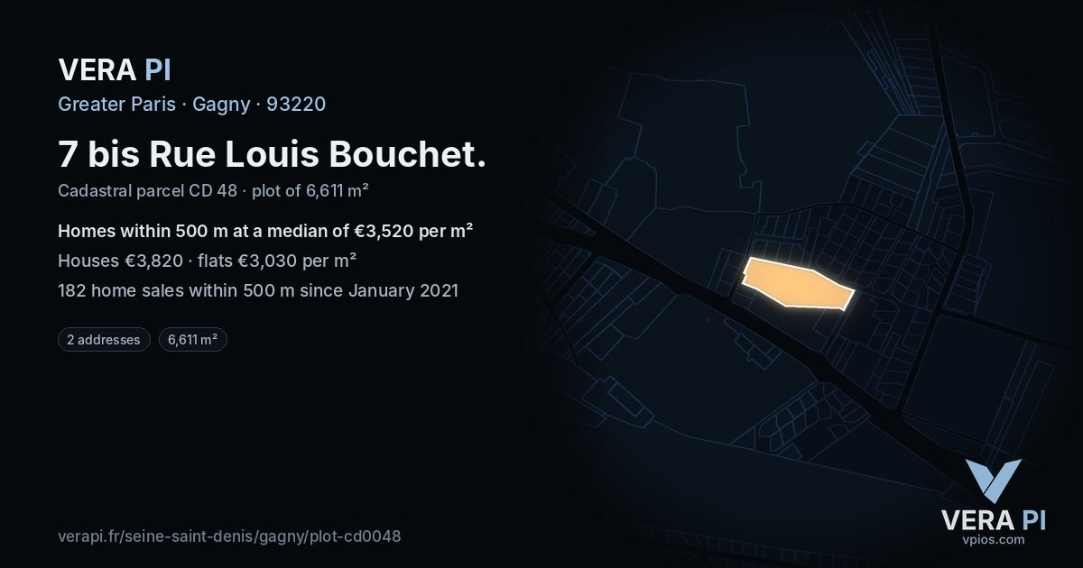 7 bis Rue Louis Bouchet, Gagny at night – the plot lit, the parcels around coloured by the prices near them