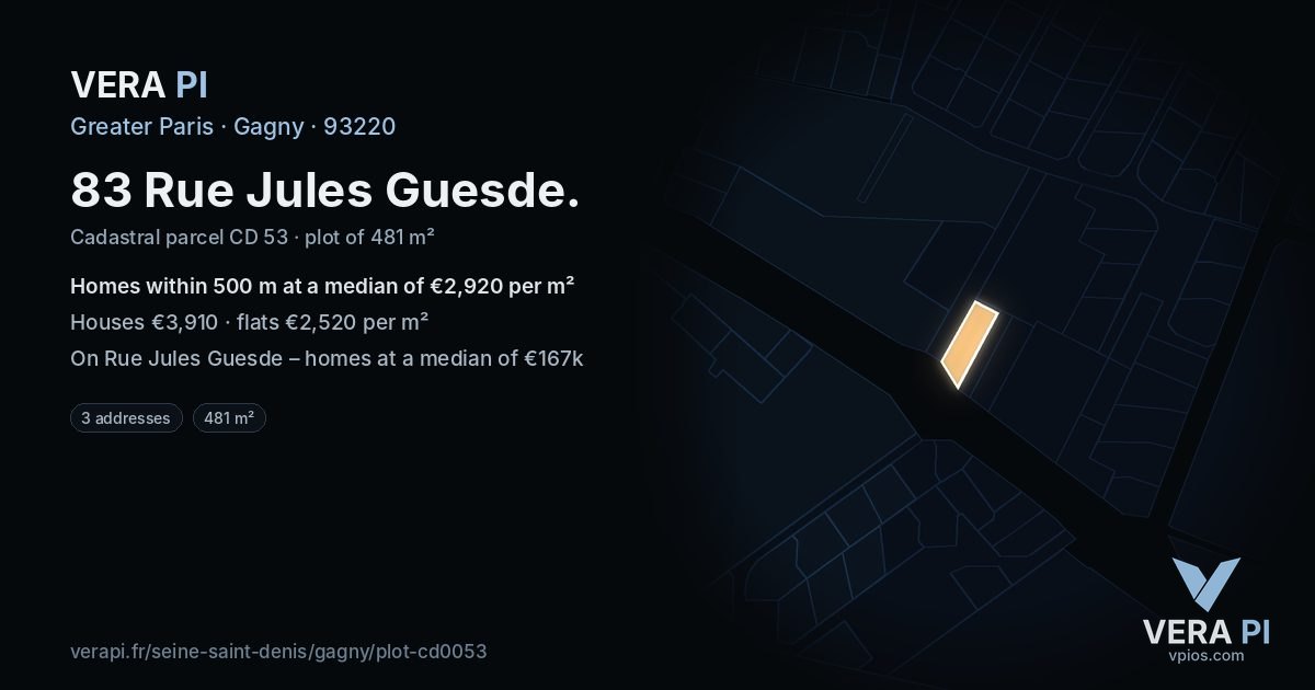 83 Rue Jules Guesde, Gagny at night – the plot lit, the parcels around coloured by the prices near them