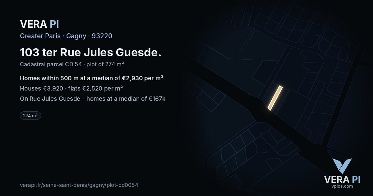 103 ter Rue Jules Guesde, Gagny at night – the plot lit, the parcels around coloured by the prices near them