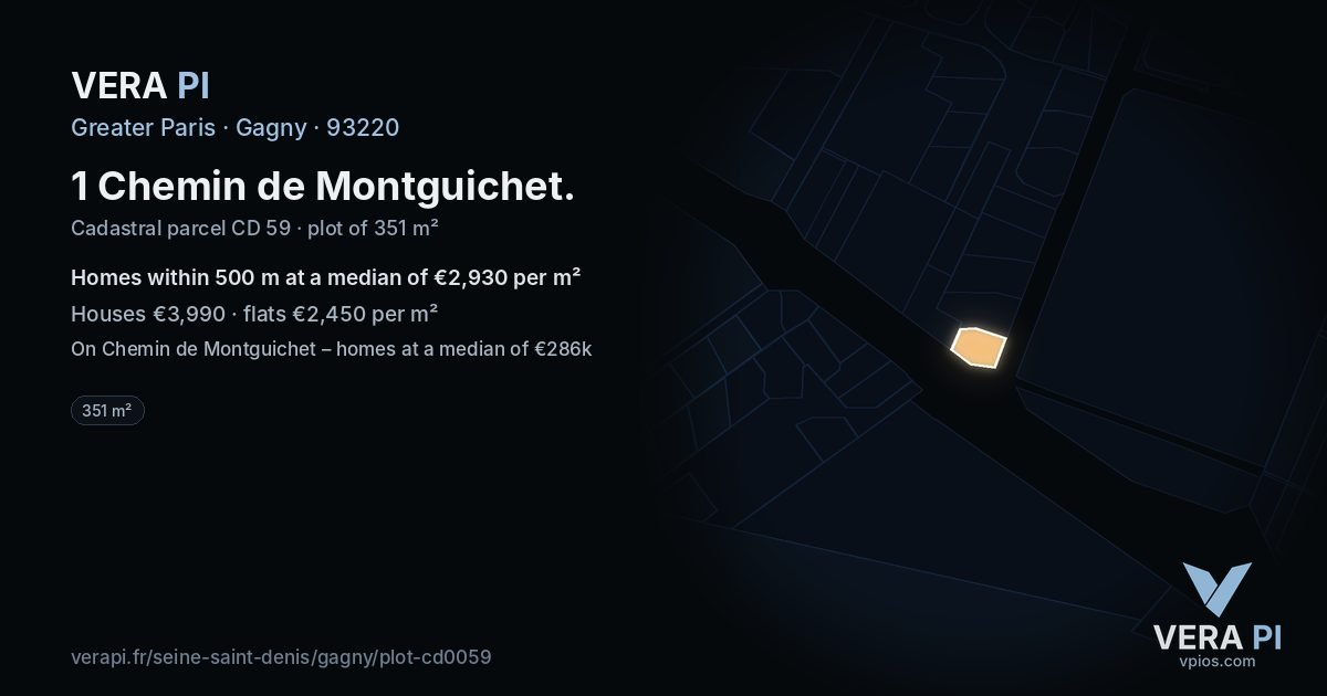 1 Chemin de Montguichet, Gagny at night – the plot lit, the parcels around coloured by the prices near them
