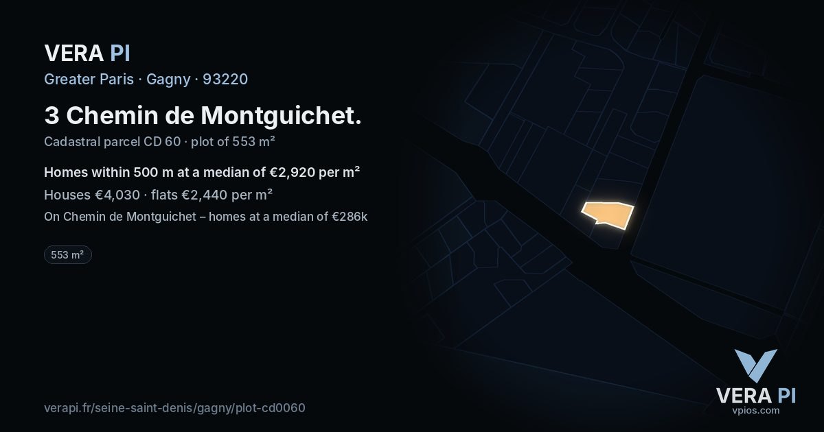 3 Chemin de Montguichet, Gagny at night – the plot lit, the parcels around coloured by the prices near them
