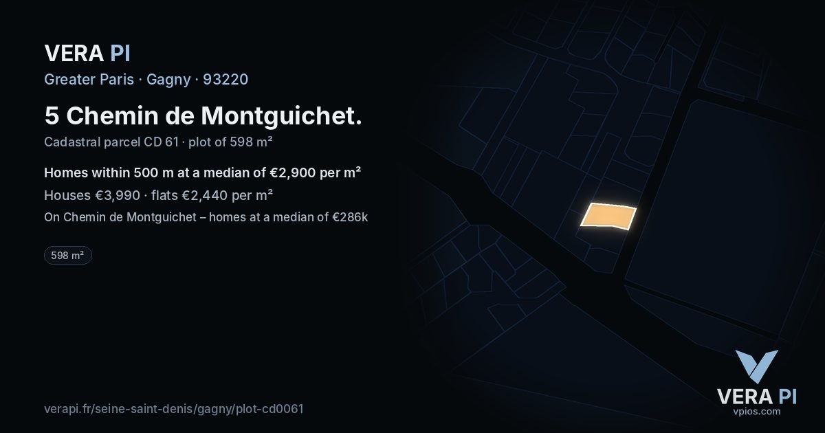 5 Chemin de Montguichet, Gagny at night – the plot lit, the parcels around coloured by the prices near them