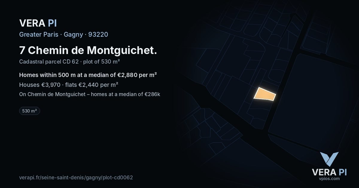 7 Chemin de Montguichet, Gagny at night – the plot lit, the parcels around coloured by the prices near them