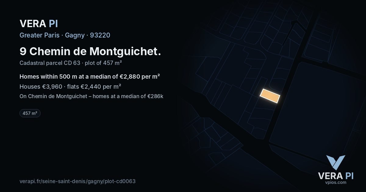 9 Chemin de Montguichet, Gagny at night – the plot lit, the parcels around coloured by the prices near them