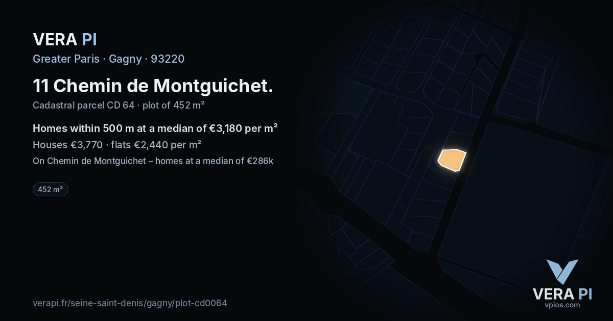 11 Chemin de Montguichet, Gagny at night – the plot lit, the parcels around coloured by the prices near them