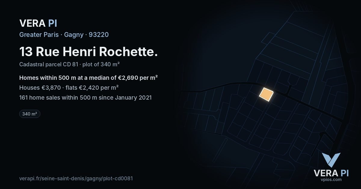 13 Rue Henri Rochette, Gagny at night – the plot lit, the parcels around coloured by the prices near them