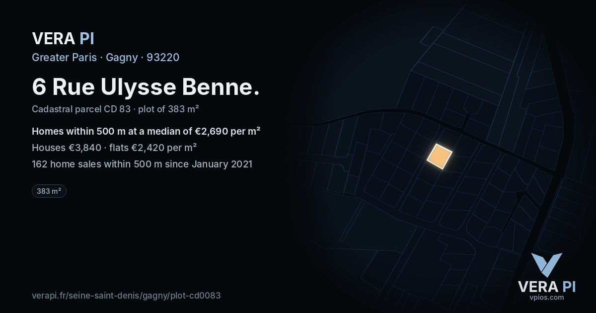 6 Rue Ulysse Benne, Gagny at night – the plot lit, the parcels around coloured by the prices near them