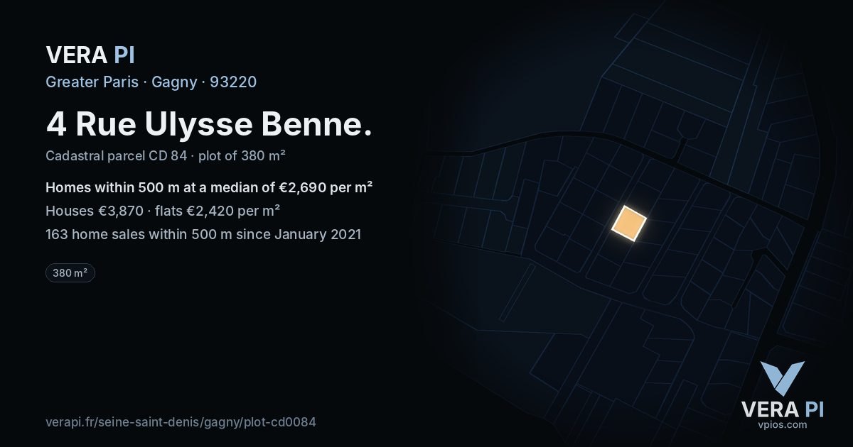 4 Rue Ulysse Benne, Gagny at night – the plot lit, the parcels around coloured by the prices near them