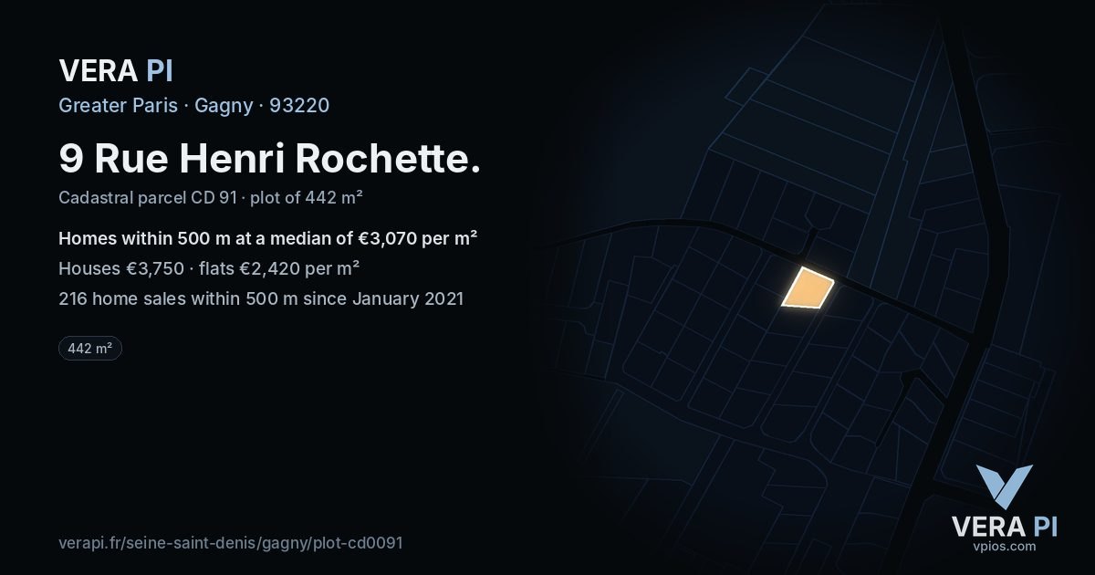 9 Rue Henri Rochette, Gagny at night – the plot lit, the parcels around coloured by the prices near them