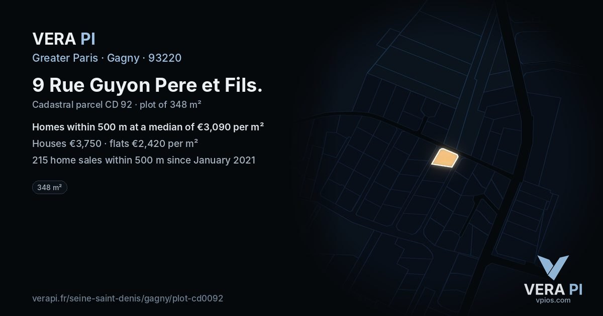 9 Rue Guyon Pere et Fils, Gagny at night – the plot lit, the parcels around coloured by the prices near them