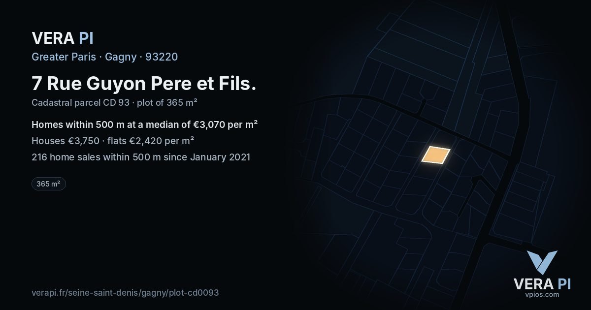 7 Rue Guyon Pere et Fils, Gagny at night – the plot lit, the parcels around coloured by the prices near them