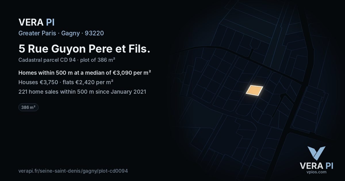 5 Rue Guyon Pere et Fils, Gagny at night – the plot lit, the parcels around coloured by the prices near them