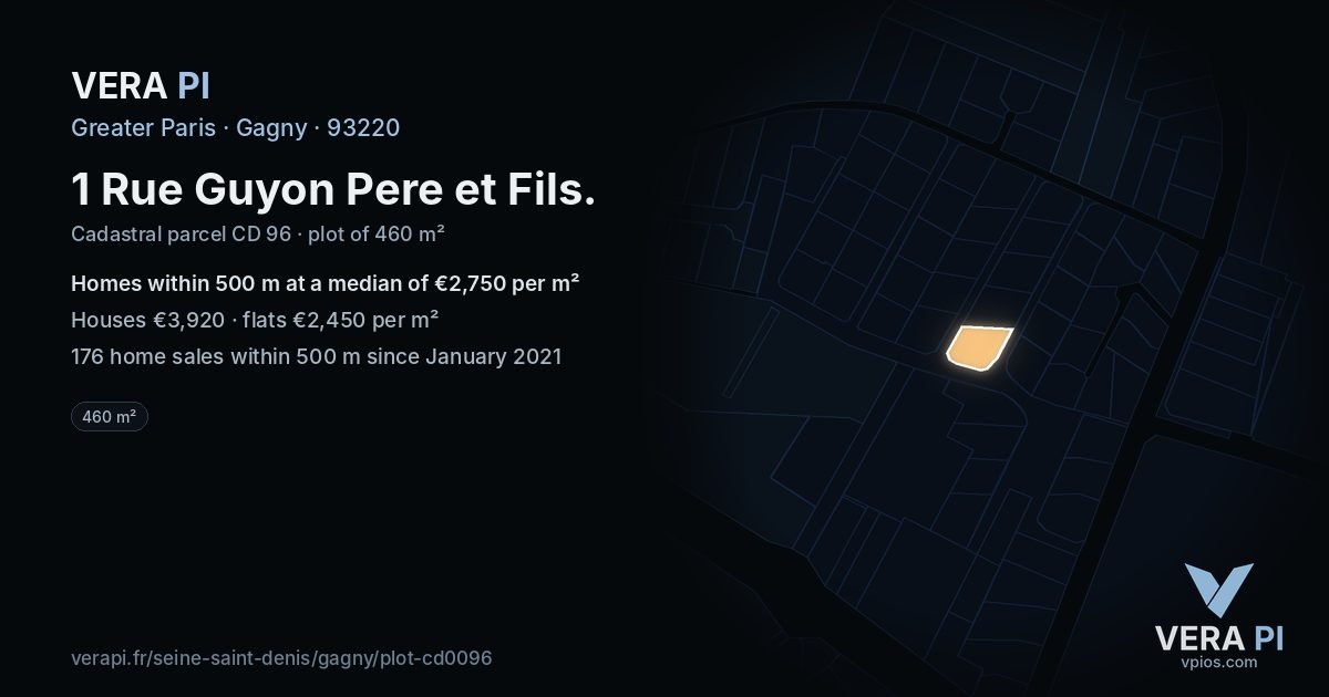 1 Rue Guyon Pere et Fils, Gagny at night – the plot lit, the parcels around coloured by the prices near them