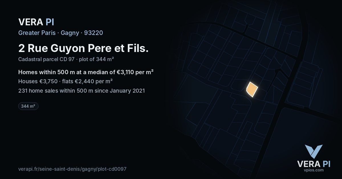 2 Rue Guyon Pere et Fils, Gagny at night – the plot lit, the parcels around coloured by the prices near them