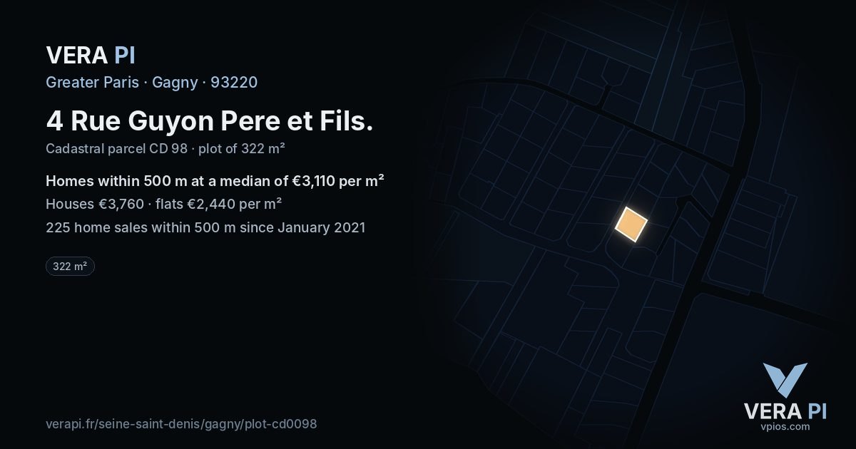 4 Rue Guyon Pere et Fils, Gagny at night – the plot lit, the parcels around coloured by the prices near them