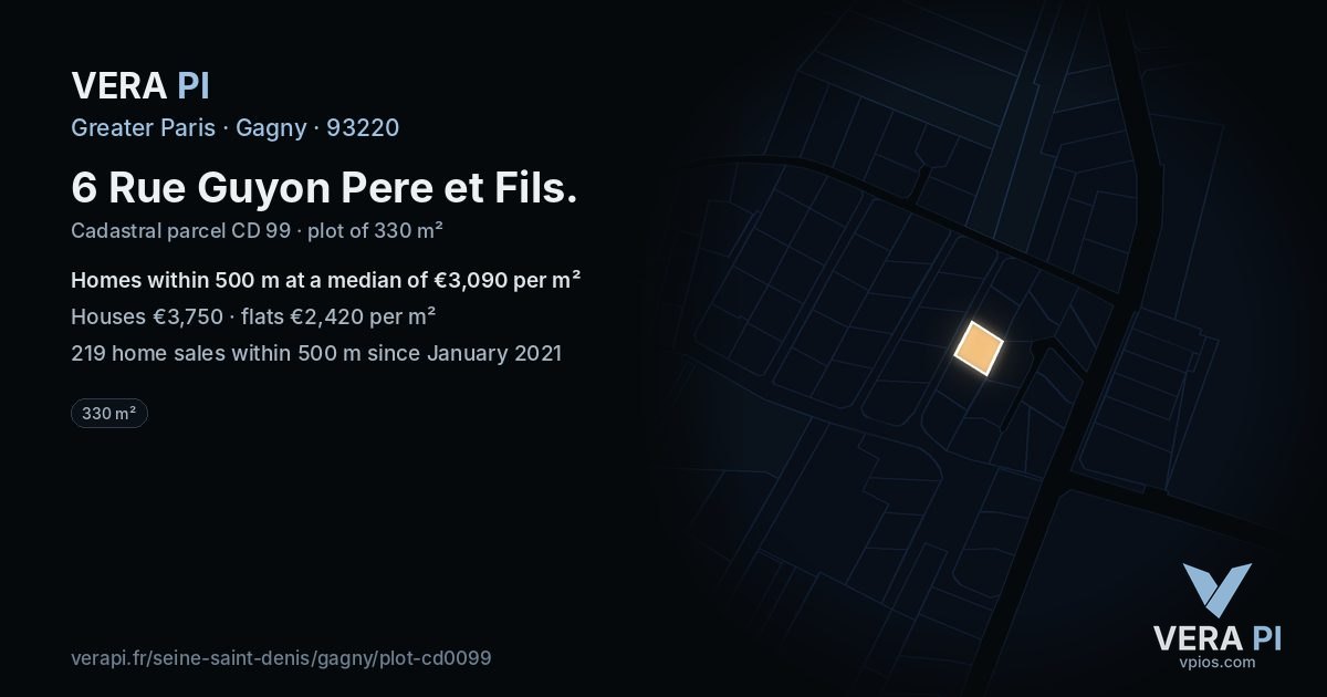 6 Rue Guyon Pere et Fils, Gagny at night – the plot lit, the parcels around coloured by the prices near them