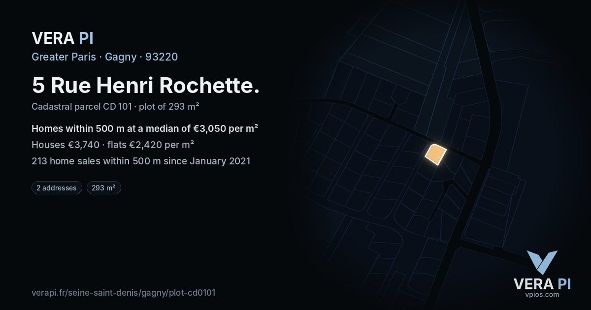 5 Rue Henri Rochette, Gagny at night – the plot lit, the parcels around coloured by the prices near them