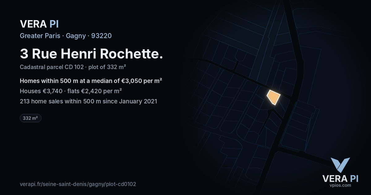 3 Rue Henri Rochette, Gagny at night – the plot lit, the parcels around coloured by the prices near them