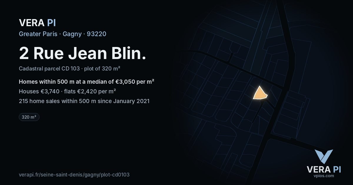2 Rue Jean Blin, Gagny at night – the plot lit, the parcels around coloured by the prices near them