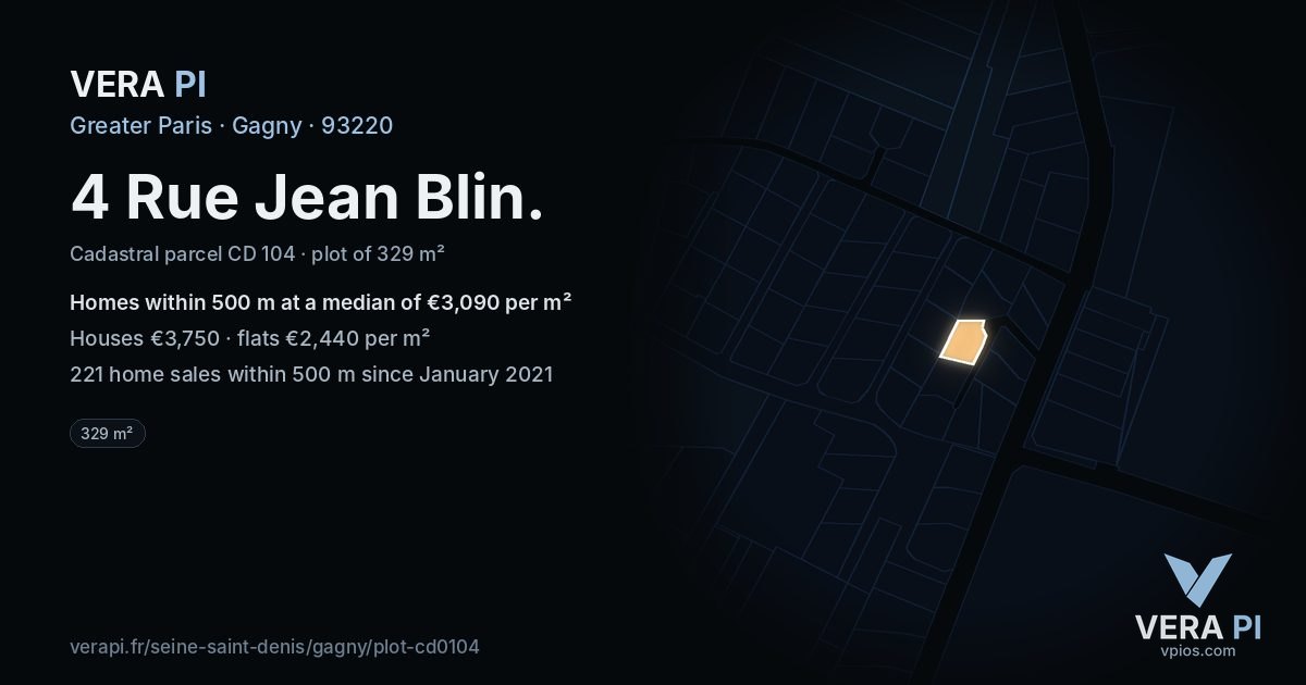 4 Rue Jean Blin, Gagny at night – the plot lit, the parcels around coloured by the prices near them