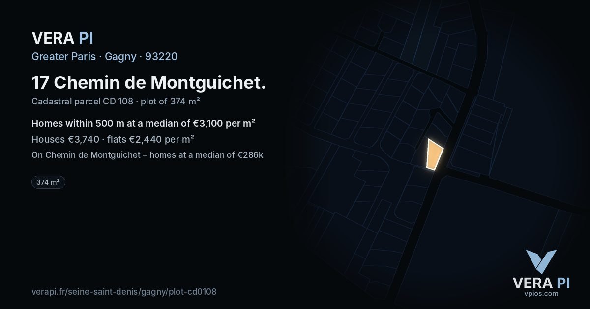 17 Chemin de Montguichet, Gagny at night – the plot lit, the parcels around coloured by the prices near them
