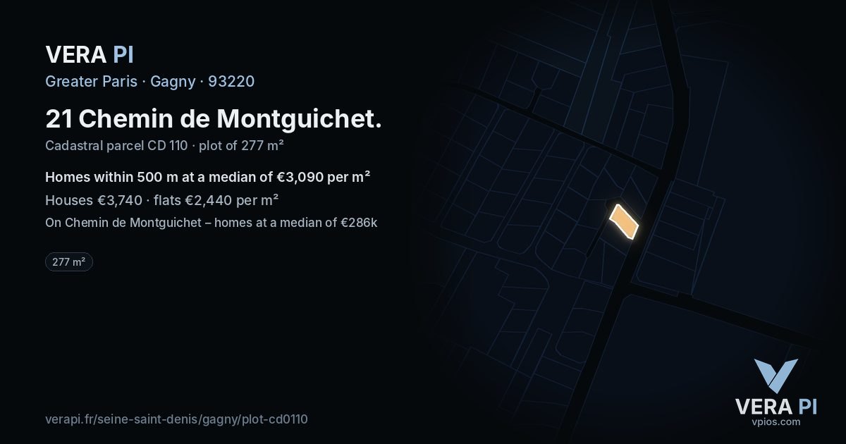 21 Chemin de Montguichet, Gagny at night – the plot lit, the parcels around coloured by the prices near them