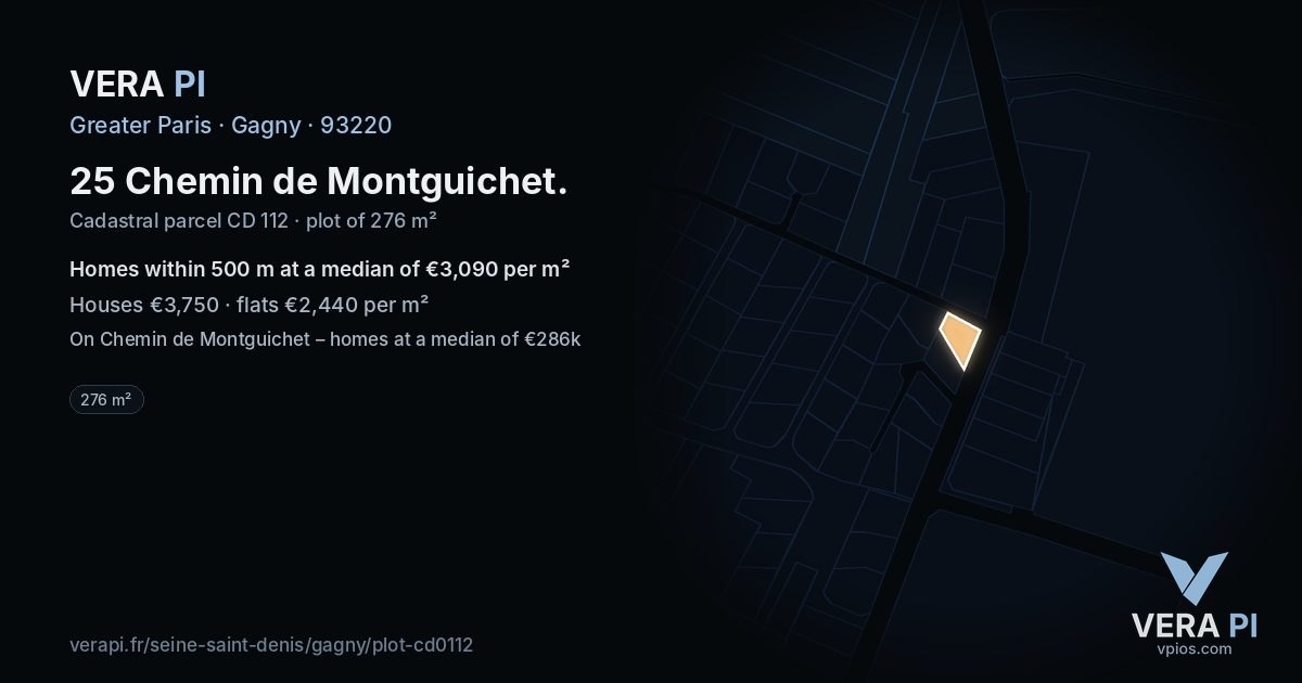 25 Chemin de Montguichet, Gagny at night – the plot lit, the parcels around coloured by the prices near them