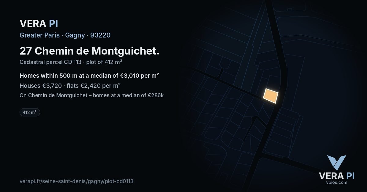 27 Chemin de Montguichet, Gagny at night – the plot lit, the parcels around coloured by the prices near them