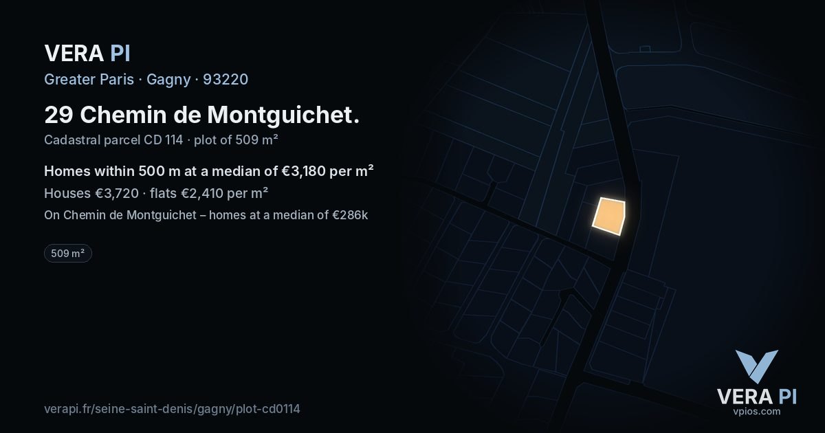 29 Chemin de Montguichet, Gagny at night – the plot lit, the parcels around coloured by the prices near them