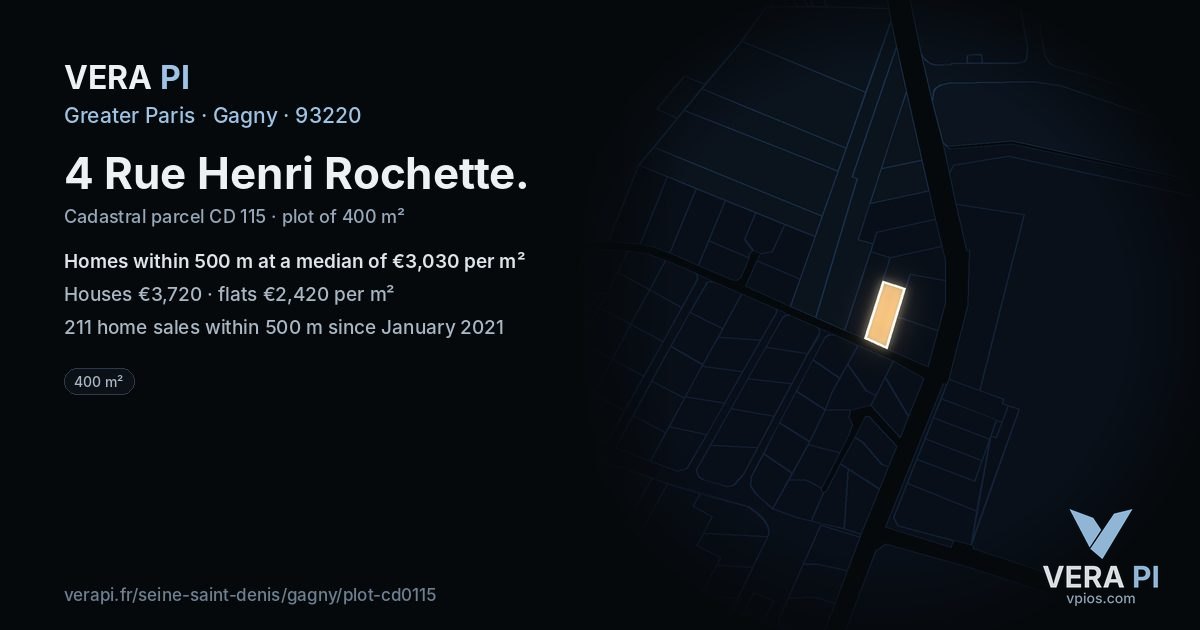 4 Rue Henri Rochette, Gagny at night – the plot lit, the parcels around coloured by the prices near them