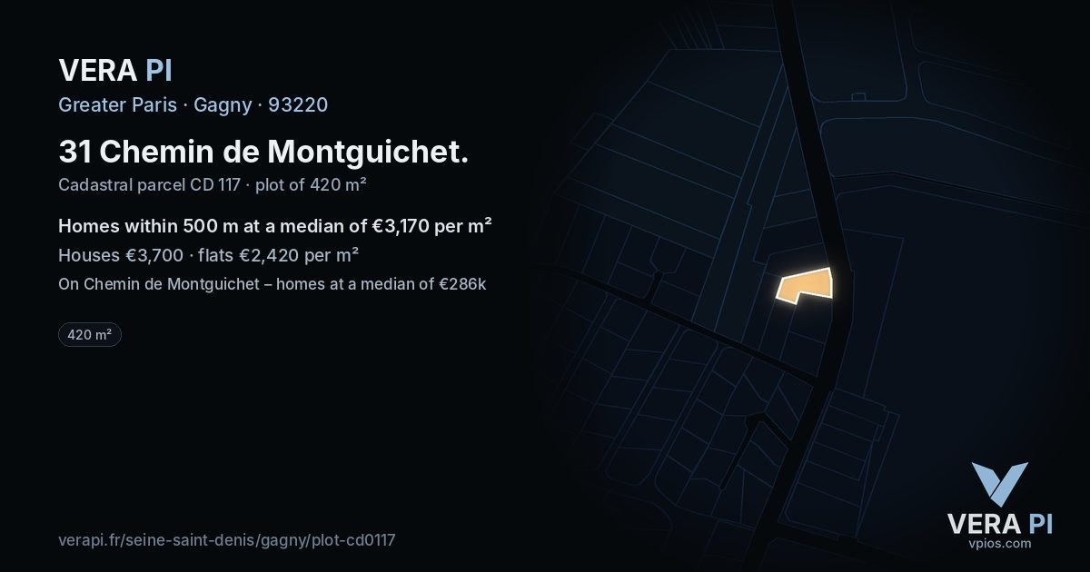 31 Chemin de Montguichet, Gagny at night – the plot lit, the parcels around coloured by the prices near them
