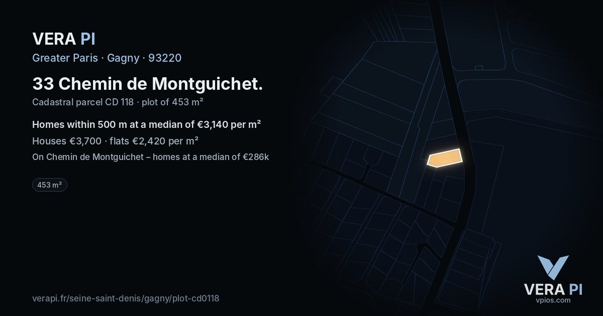 33 Chemin de Montguichet, Gagny at night – the plot lit, the parcels around coloured by the prices near them