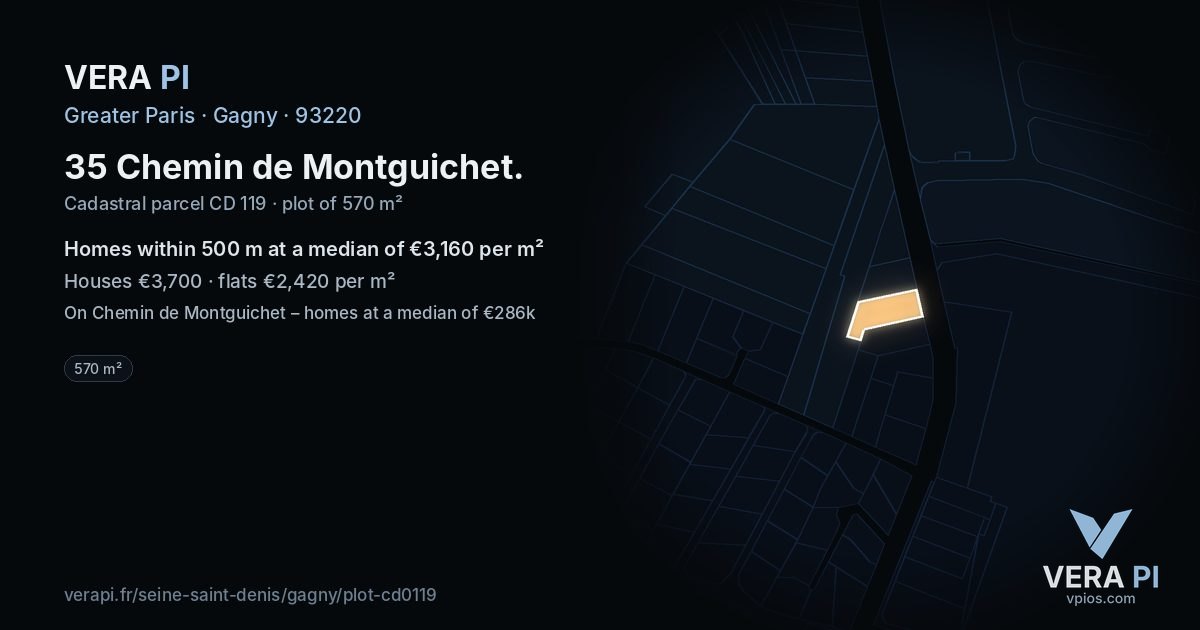 35 Chemin de Montguichet, Gagny at night – the plot lit, the parcels around coloured by the prices near them