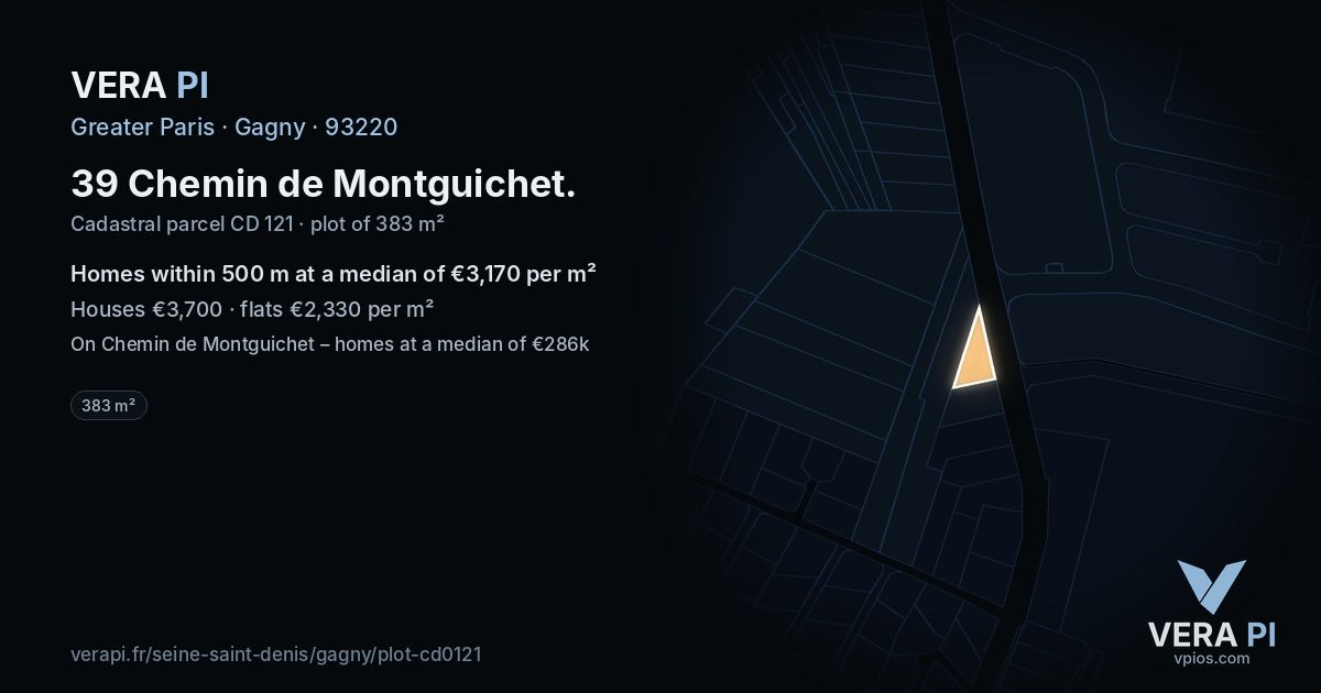 39 Chemin de Montguichet, Gagny at night – the plot lit, the parcels around coloured by the prices near them
