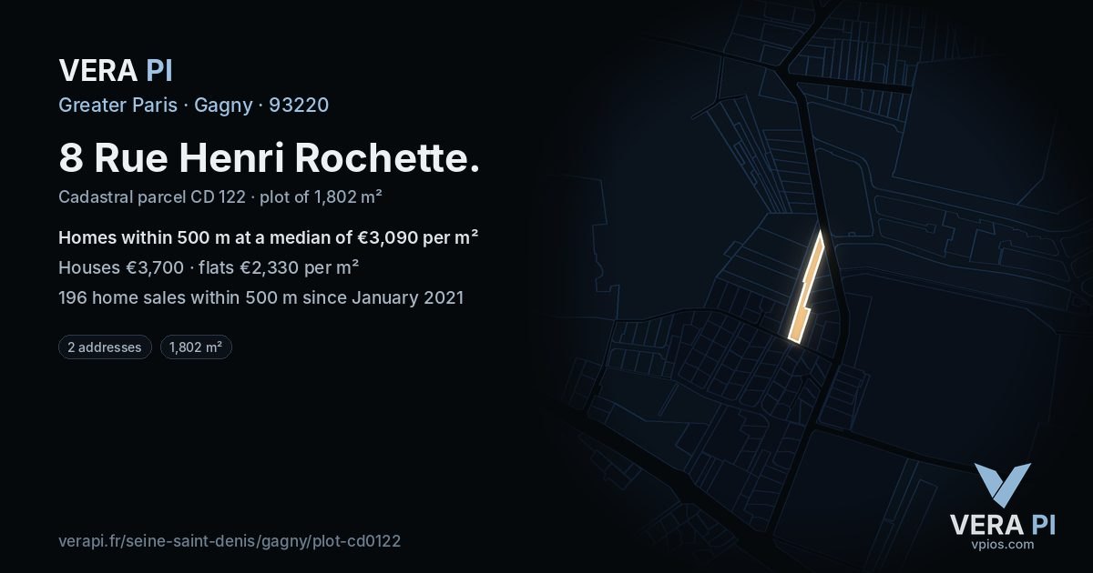 8 Rue Henri Rochette, Gagny at night – the plot lit, the parcels around coloured by the prices near them