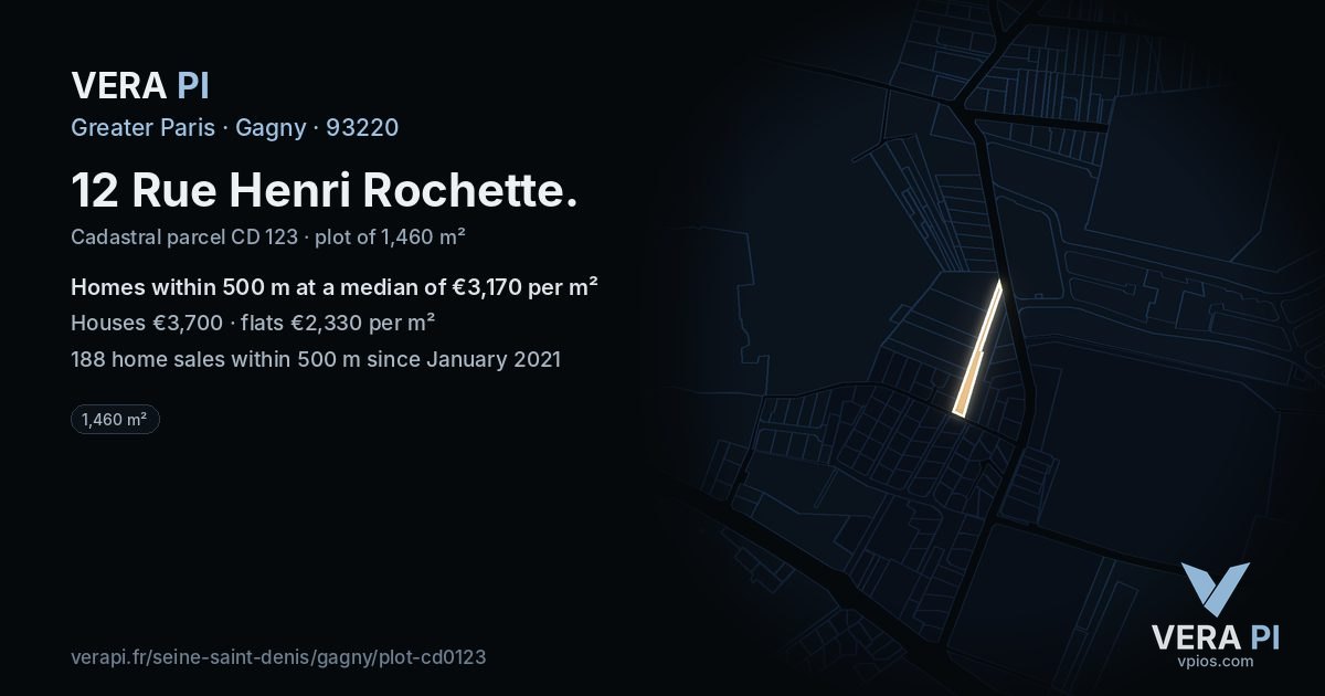 12 Rue Henri Rochette, Gagny at night – the plot lit, the parcels around coloured by the prices near them