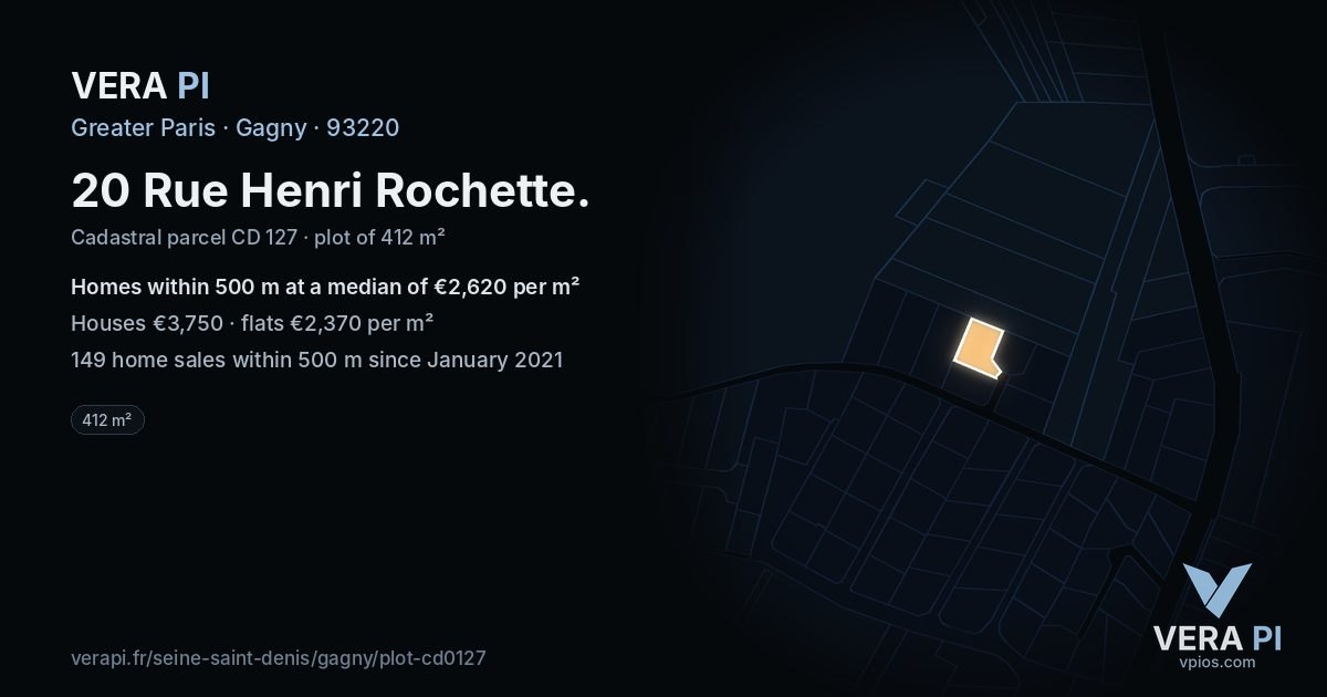 20 Rue Henri Rochette, Gagny at night – the plot lit, the parcels around coloured by the prices near them